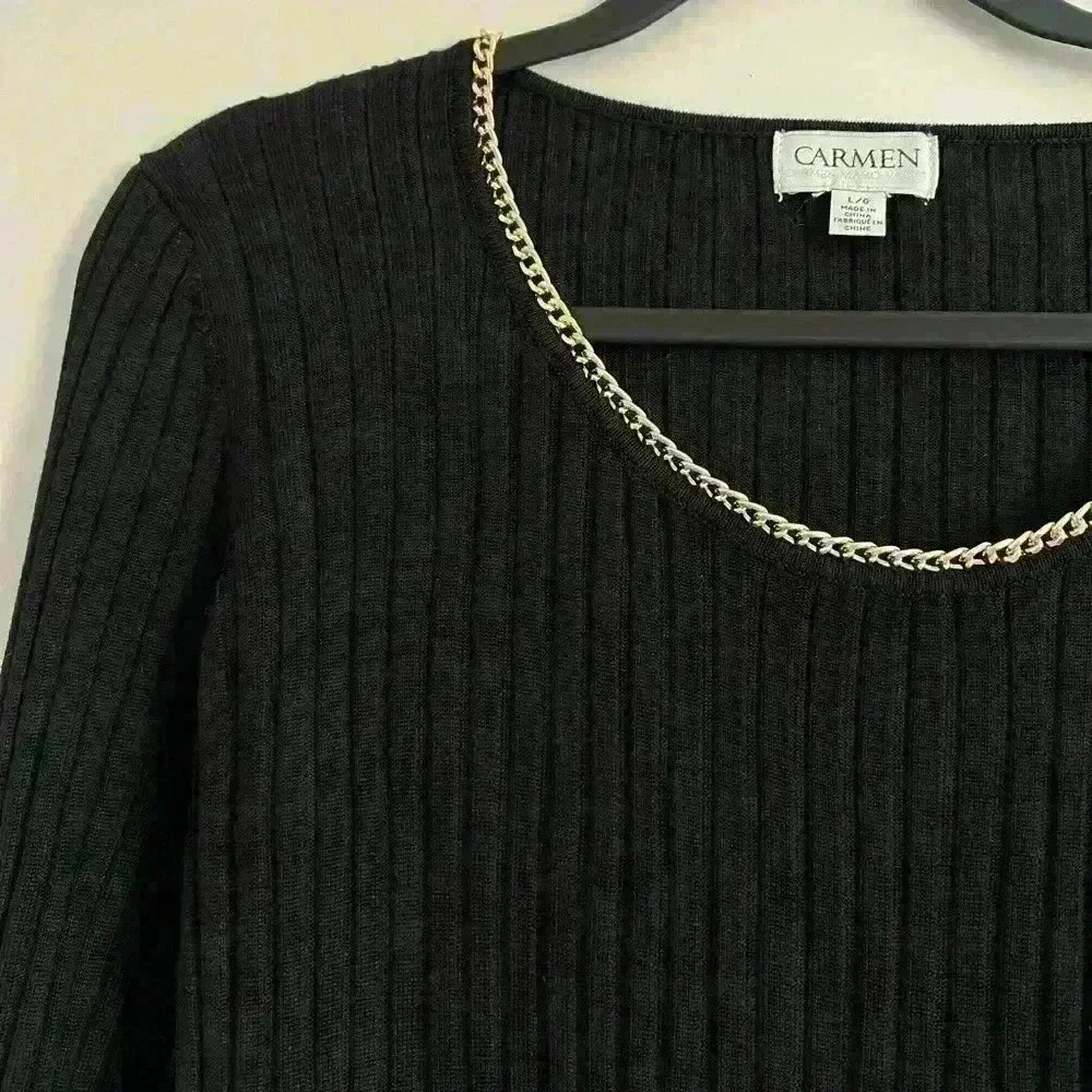 Carmen Marc Valvo Black Long Sleeve Chain Scoop Neck Ribbed Fit Top - Picture 3 of 4
